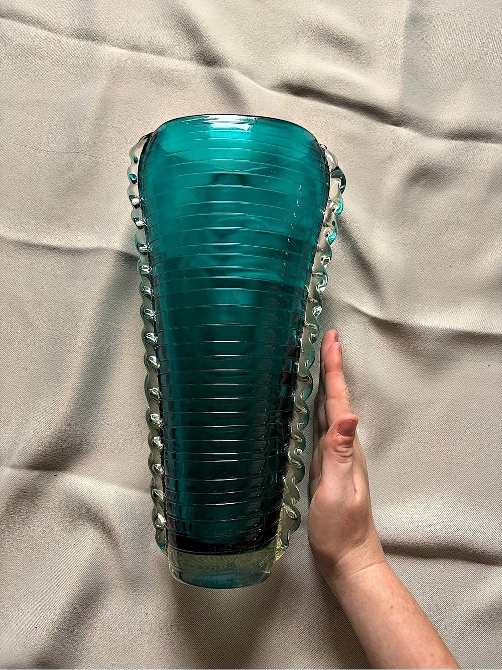 Turquoise Ribbed Glass Vase
